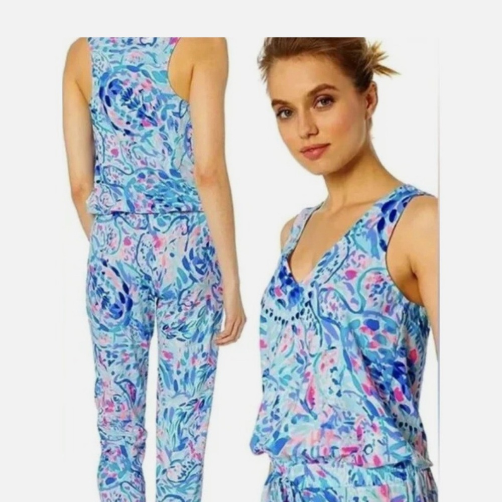 EUC size L Lilly Pulitzer Paulina Jumpsuit in breakwater party wave